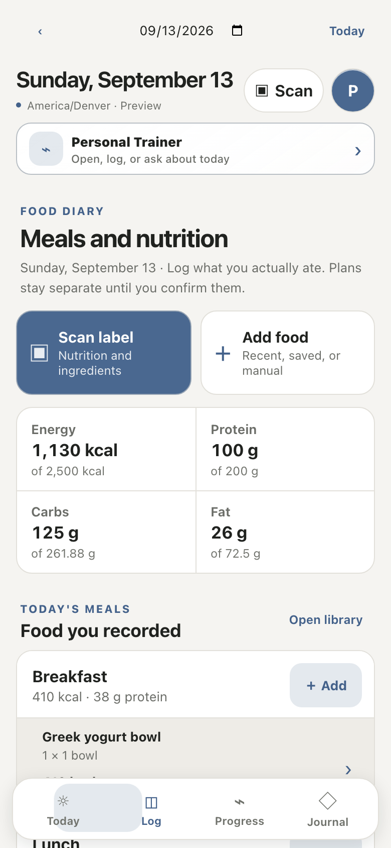 Personal Trainer Log view, a responsive web preview with synthetic data