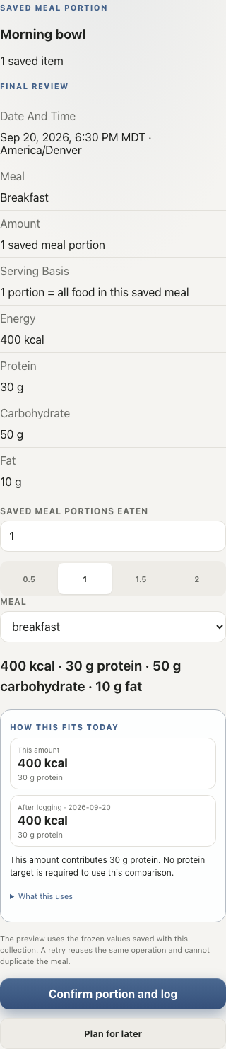 Fictional Personal Trainer meal review component showing date, meal, portion, and four nutrition totals before recording