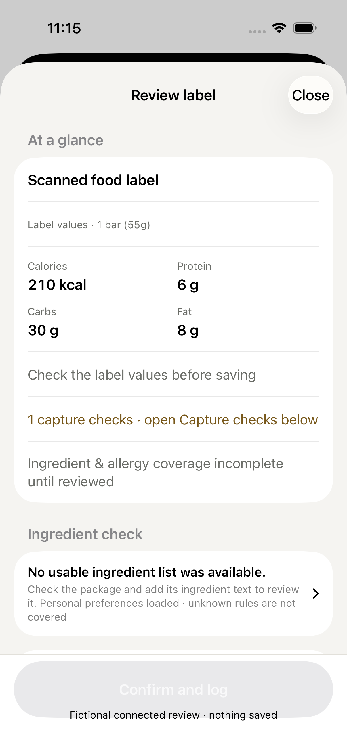 Actual iOS Simulator review of a fictional nutrition label, showing serving basis, extracted nutrition, incomplete ingredient coverage, and disabled confirmation