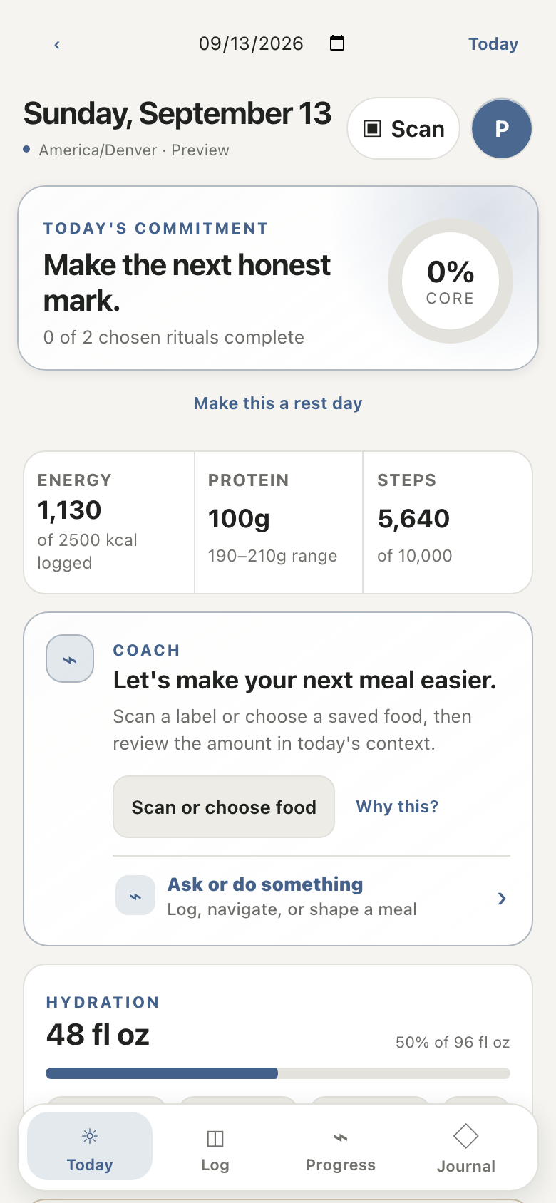 Personal Trainer Today view, a responsive web preview with synthetic data