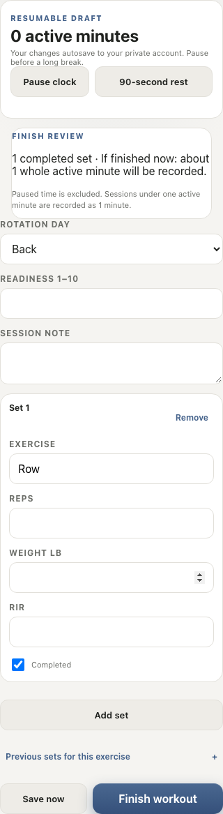 Personal Trainer development capture with fictional workout: completed sets, active minutes, and the one-minute recording minimum before finishing